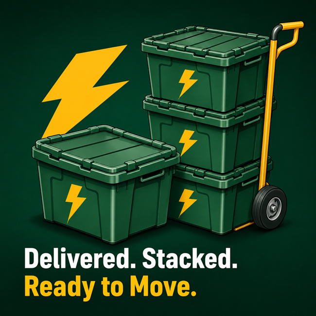 Green Thunder Totes stacked on a moving dolly